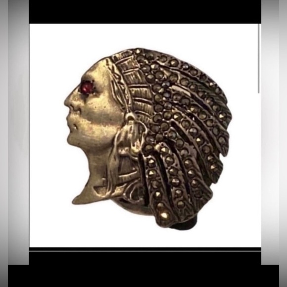 👑 Vintage Native Silver Marcasite Indian Chief Headdress Ring #6607 - Picture 3 of 8